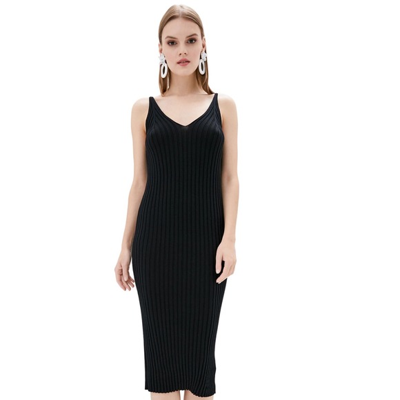 DASTI Dresses & Skirts - DASTI Knit Black Dress Ribbed Bodycon Midi Sweater Sleeveless V-Neck Knitted